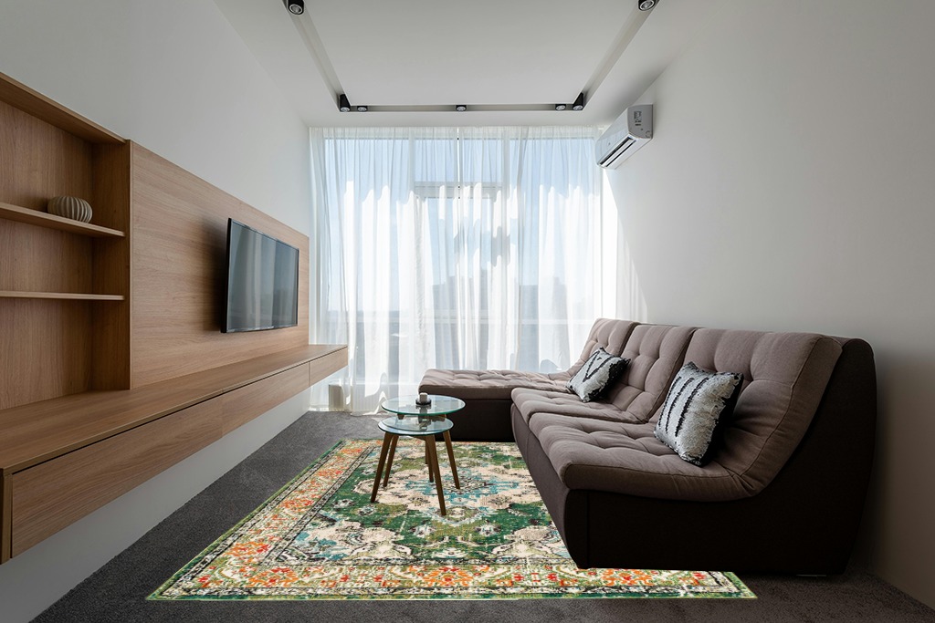 Forest Green/Light Blue Rug Non shedding, Stain Resistant, Pet friendly in Grey Living Room with Brown Couch