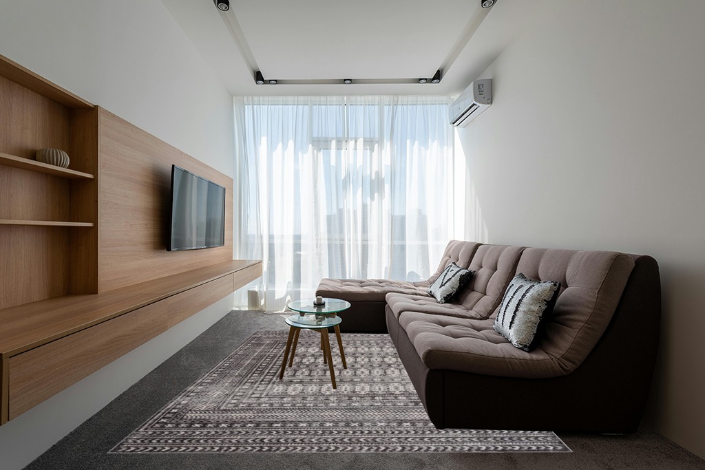 Bloom Rugs Troya Charcoal/Pebble 8x10 Rug - Traditional Geometric Area Rug for Living Room, Bedroom, Dining Room, and Kitchen - Exact Size: 7'5" x 10' in Grey Living Room with Brown Couch