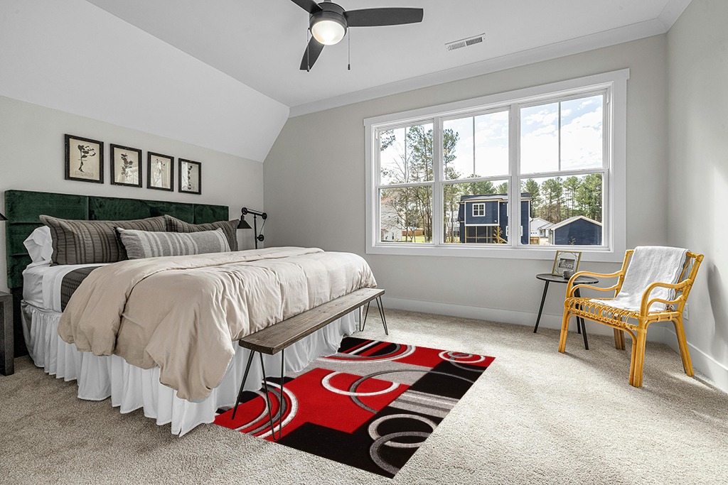 Red Modern Stain-resistant Living Room Area Rug in Grey Traditional Bedroom with King Bed