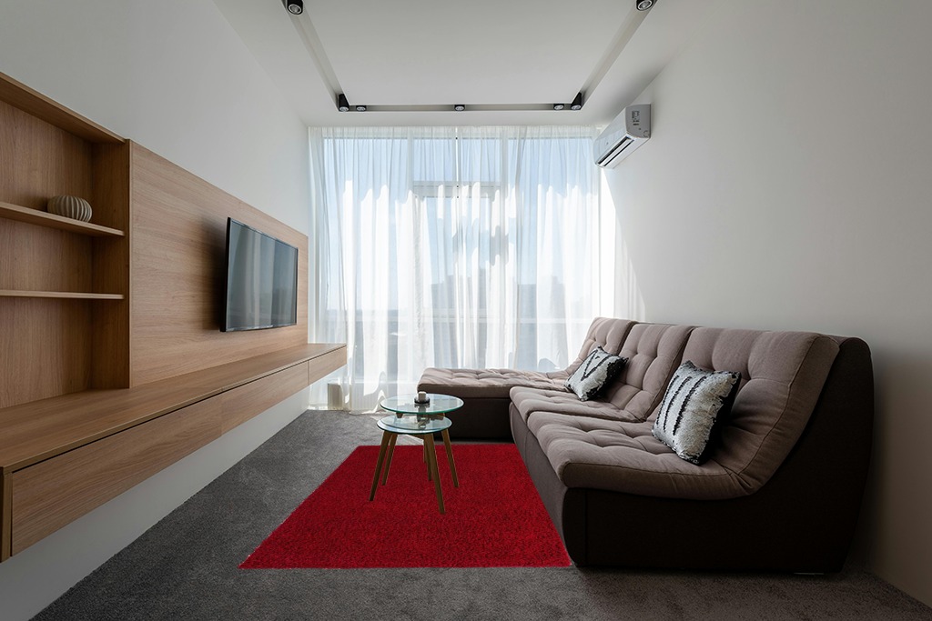 Unique Loom Solid Shag Collection Area Rug (5' 3" x 8' Rectangle, Cherry Red) in Grey Living Room with Brown Couch