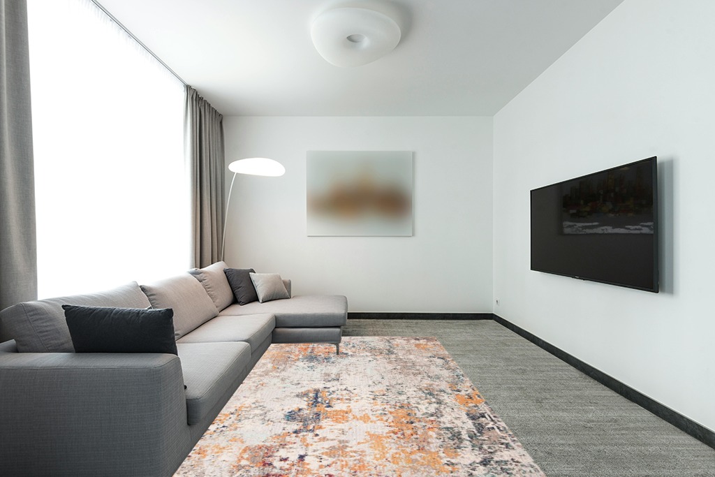SAFAVIEH Madison Collection Area Rug - 6' x 9', Grey & Beige, Modern Abstract Design, Non-Shedding & Easy Care, Ideal for High Traffic Areas in Living Room, Bedroom (MAD453A) in Modern Living Room with Grey Couch