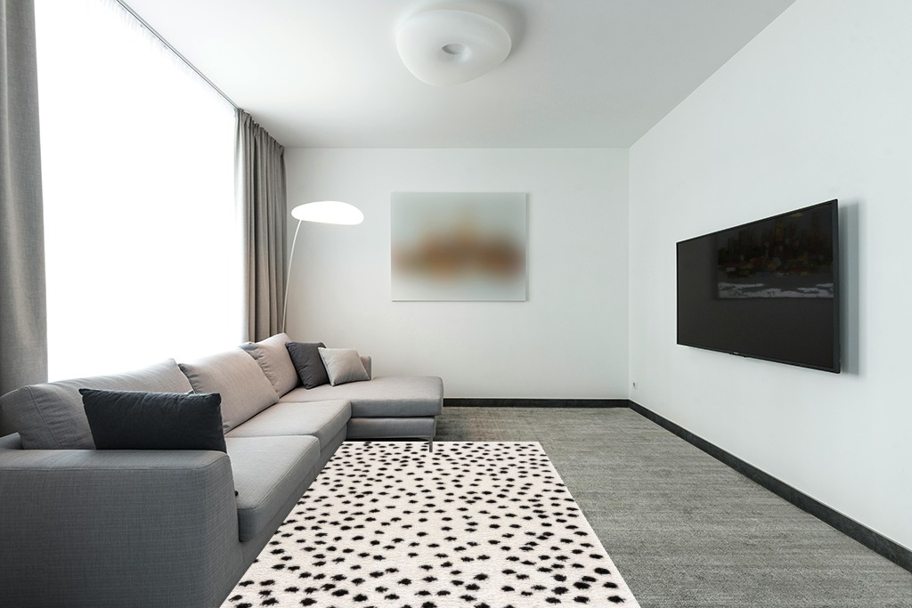 Hauteloom Tilos Dalmatian Living Room Bedroom Nursery Shag Area Rug - Shaggy Carpet - Dot Pattern - High Plush Pile - Black, White - 5'3" x 7' in Modern Living Room with Grey Couch