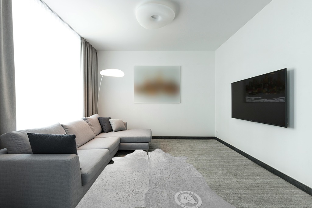 Sunshine Cowhides Genuine Metallic Silver On Off White Cowhide Rug - Luxurious Cow Rug for Bedroom, Living Room, & Home Decor Enthusiasts - Masterpiece of Style & Functionality - 6x8ft (180x240cm) in Modern Living Room with Grey Couch