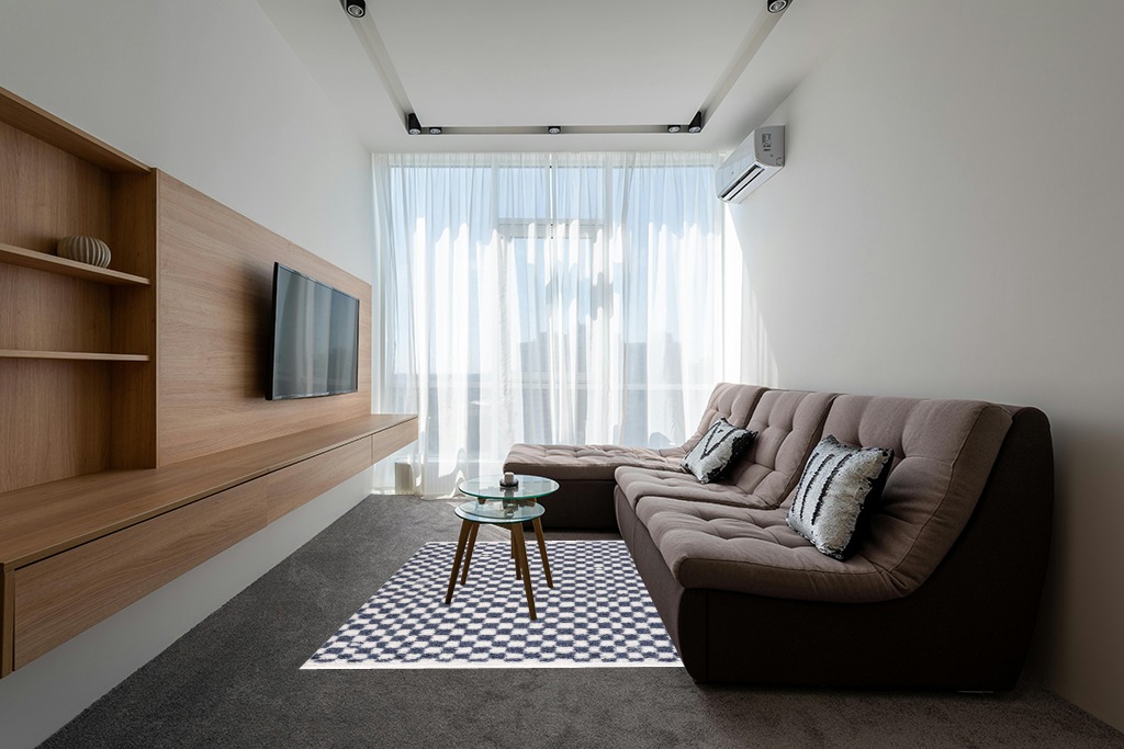 Hauteloom Kieu Checkered Shag Bedroom Living Room Area Rug - High Pile - Shaggy Plush Modern Soft Carpet - Blue, White - 5'3" x 7' in Grey Living Room with Brown Couch