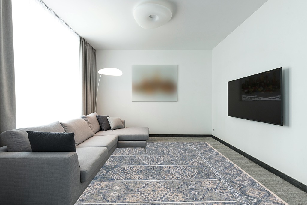 Safavieh Aspen Collection Area Rug - 9' x 12', Blue & Beige, Handmade Boho Wool, Ideal for High Traffic Areas in Living Room, Bedroom (APN275M) in Modern Living Room with Grey Couch