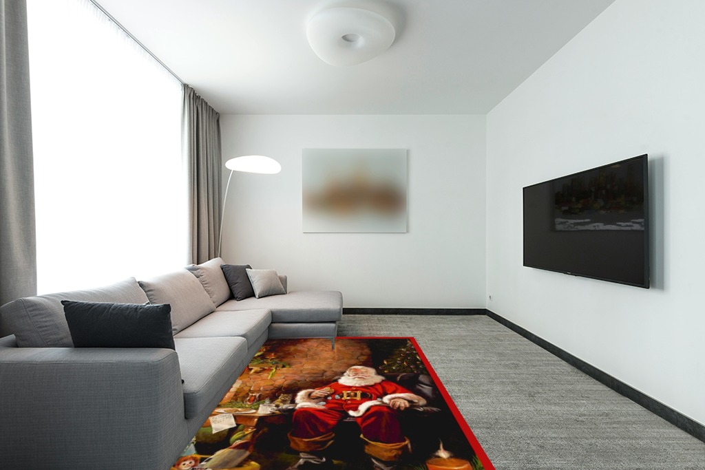 Milliken RJ McDonald Christmas Party Novelty Rug Rug Size: 5'4" x 7'8" in Modern Living Room with Grey Couch