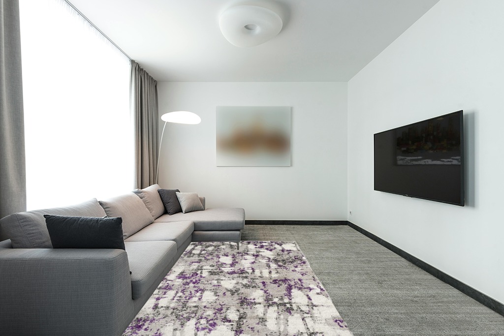 SAFAVIEH Skyler Collection Area Rug - 5'1" x 7'6", Grey & Purple, Modern Abstract Design, Non-Shedding & Easy Care, Ideal for High Traffic Areas in Living Room, Bedroom (SKY193R) in Modern Living Room with Grey Couch