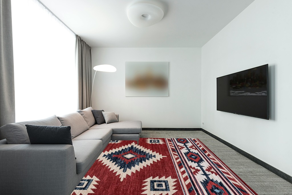 Eyely CWS100A-8 South Western Serape Medallion Southwestern Indoor Area Rug Geometric;Cottage;Bohemian;Classic, Bedroom, Kitchen, Living Room, Easy-Cleaning, Non-Shedding, 8 X 10, Red/Navy/Cream in Modern Living Room with Grey Couch