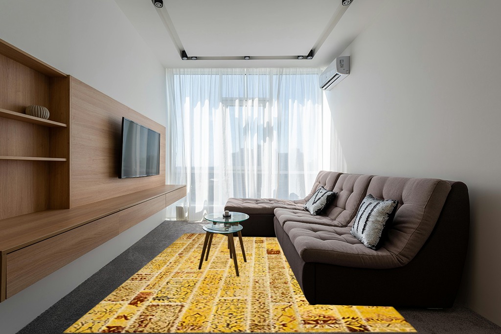SAFAVIEH Monaco Collection Area Rug - 8' x 11', Yellow & Multi, Modern Patchwork Distressed Design, Non-Shedding & Easy Care, Ideal for High Traffic Areas in Living Room, Bedroom (MNC216K) in Grey Living Room with Brown Couch