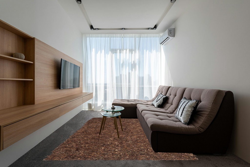 SAFAVIEH Leather Shag Collection Area Rug - 8' x 10', Saddle, Hand-Knotted Modern Leather, Ideal for High Traffic Areas in Living Room, Bedroom (LSG511B) in Grey Living Room with Brown Couch