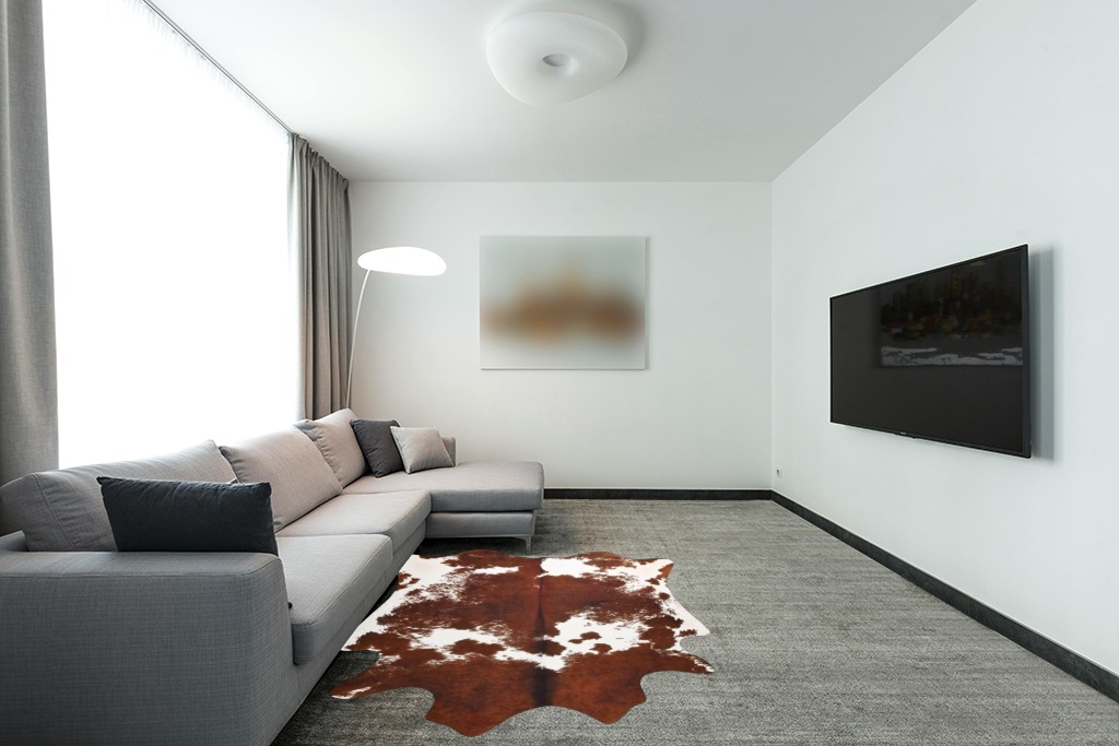 LYENDOS Cowhide Rug 5.2 x 6.2Feet,Cow Hide Rug Durable No-Slip Backing,Faux Cowhide Rug Thickened Elastic,for Bedroom Living Room Home Office Western Decor in Modern Living Room with Grey Couch
