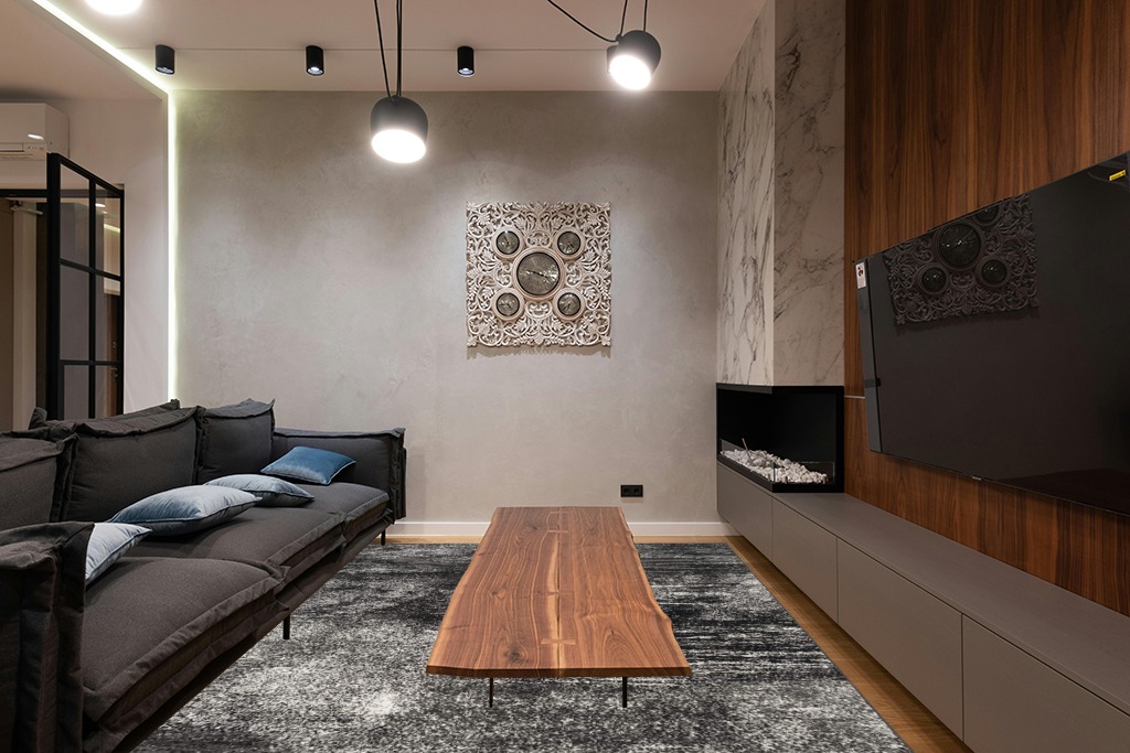Silver/Black Contemporary Non Slip Living Room Area Rug in Dark Wood Living Room with Black Couch