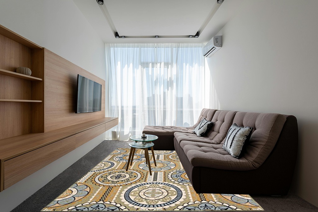 Nourison Caribbean Indoor Outdoor Area Rug, 7'10" x 10'6", Yellow in Grey Living Room with Brown Couch