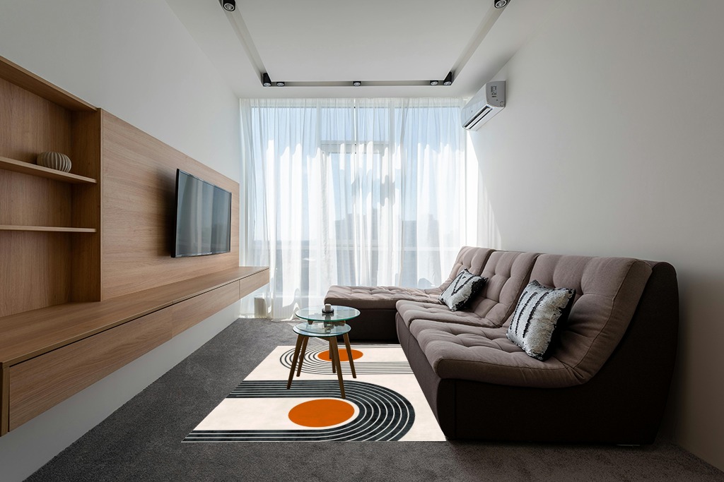 Mid-Century Modern Minimalist Circles and Lines Pattern Soft Wool Area Rug 6x9 Washable Boho Carpet for Living Room Bedroom No-Slip Thick Dining Room Rug Indoor Floorcover Mat in Grey Living Room with Brown Couch