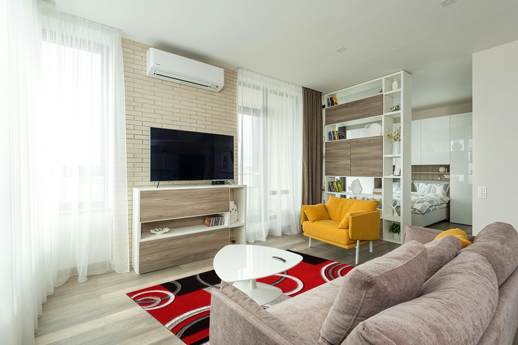 Red Modern Stain-resistant Living Room Area Rug in Light Modern Living Room with TV