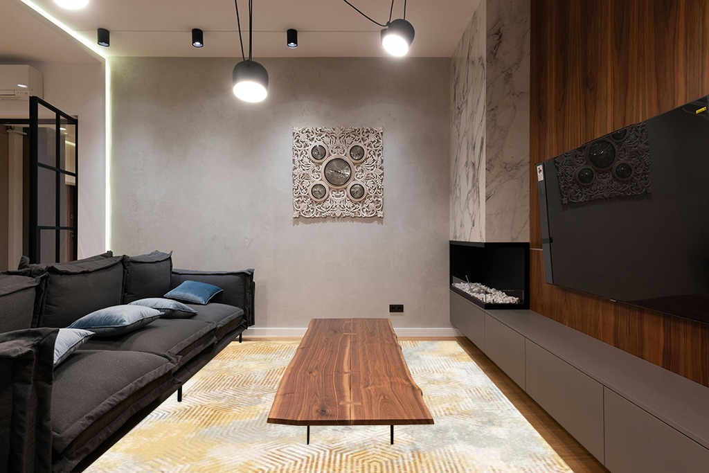 Art&Tuft Washable Rug in Dark Wood Living Room with Black Couch
