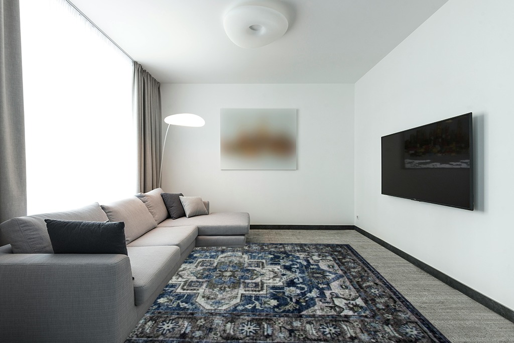 NEATIIP Washable Bohemian 8x10 Area Rug, Suitable for Bathroom for Bedroom Living Room Kitchen Outdoor The Boho Printed Area Rugs, Non-Slip Backing Washable Rug Blue/Coffee in Modern Living Room with Grey Couch