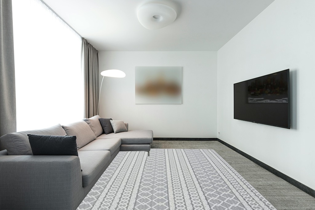 3D Jacquard Woven High-Low Textured Modern Geometric Rug in Modern Living Room with Grey Couch