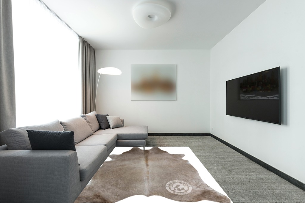 Sunshine Cowhides Genuine Taupe Cowhide Rug - Luxurious Cow Rug for Bedroom, Living Room, and Home Decor Enthusiasts - Masterpiece of Style and Functionality - 6x6-7ft (180x210cm) in Modern Living Room with Grey Couch