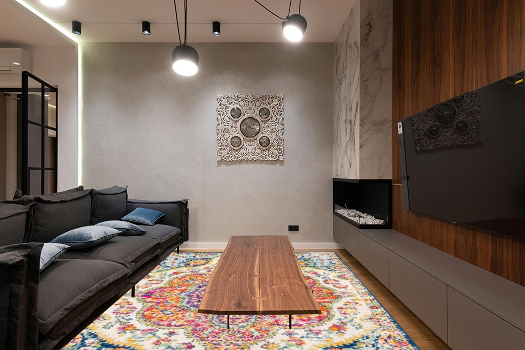 Orange Traditional Stain Resistant Living Room Area Rug in Dark Wood Living Room with Black Couch