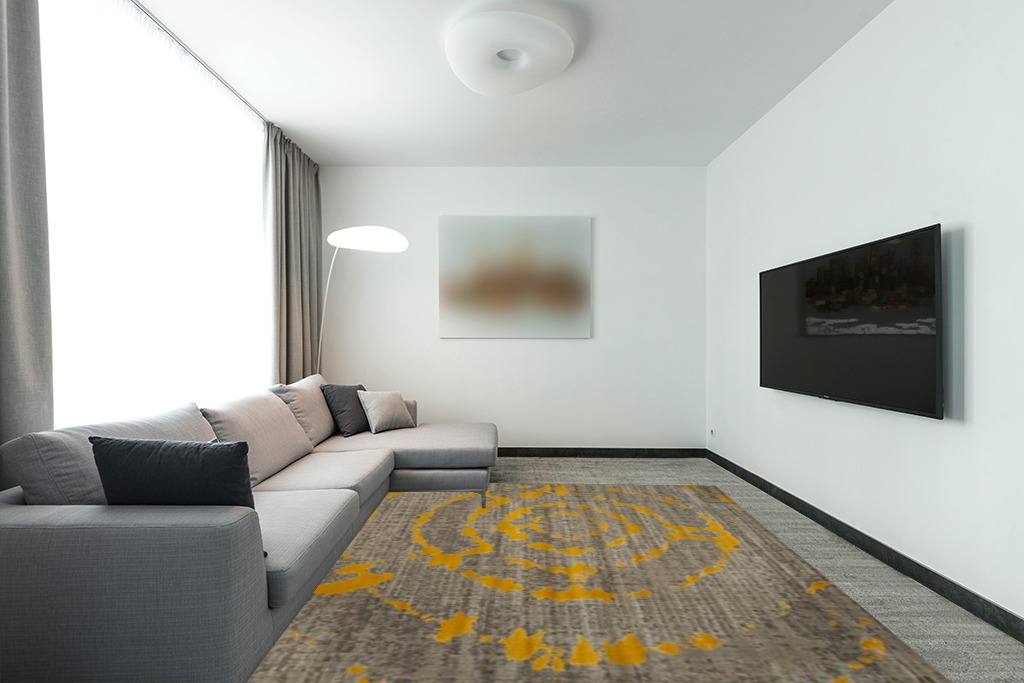 SAFAVIEH Porcello Collection Area Rug - 8'2" x 11', Light Grey & Yellow, Modern Abstract Design, Non-Shedding & Easy Care, Ideal for High Traffic Areas in Living Room, Bedroom (PRL7735C) in Modern Living Room with Grey Couch