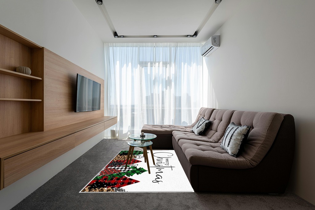 Merry Christmas Area Rug 5 x 8, Washable Bedroom Rug Non-Slip Kitchen Rugs Non Shedding Floor Cover Mat Runner Rug for Living Room Dining Room Outdoor Carpet Christmas Tree Buffalo Plaid Texture in Grey Living Room with Brown Couch