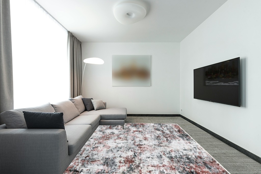 Miukiki 8x10 Area Rugs, Modern Abstract Washable Rug for Living Room, Stain Resistant Non-Shedding Distressed Area Rug with Non Slip Backing for Bedroom (Red/Grey, 8'x10') in Modern Living Room with Grey Couch