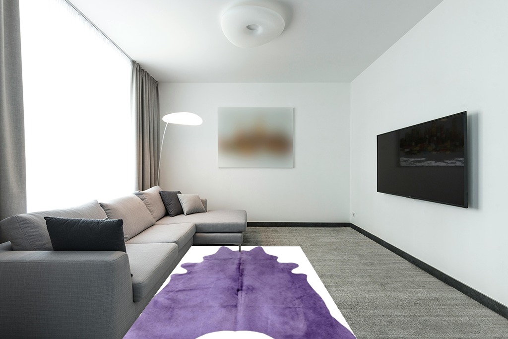 Natural Geneva Cowhide Area Rugs for Living Room and Bedroom | Handmade 100% Cow Rug with Low Pile | Shed-Resistant Home and Office Rug, Purple, 5 ft x 7 ft in Modern Living Room with Grey Couch