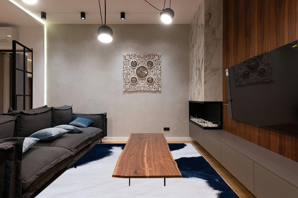 Safavieh Faux Hide Collection Area Rug - 9' x 12', Ivory & Dark Blue, Tiger Print Design, Non-Shedding & Easy Care, Machine Washable Ideal for High Traffic Areas in Living Room, Bedroom (FAH548A) in Dark Wood Living Room with Black Couch