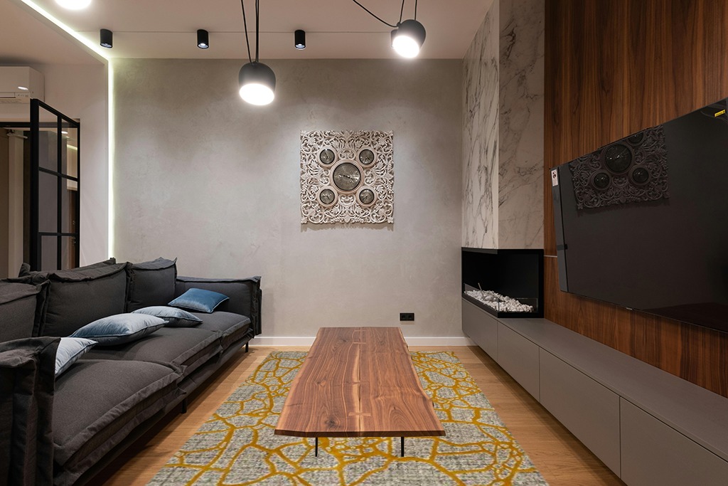 SAFAVIEH Porcello Collection 6'7" Square Light Grey / Yellow PRL7737C Modern Abstract Non-Shedding Living Room Bedroom Dining Home Office Area Rug in Dark Wood Living Room with Black Couch