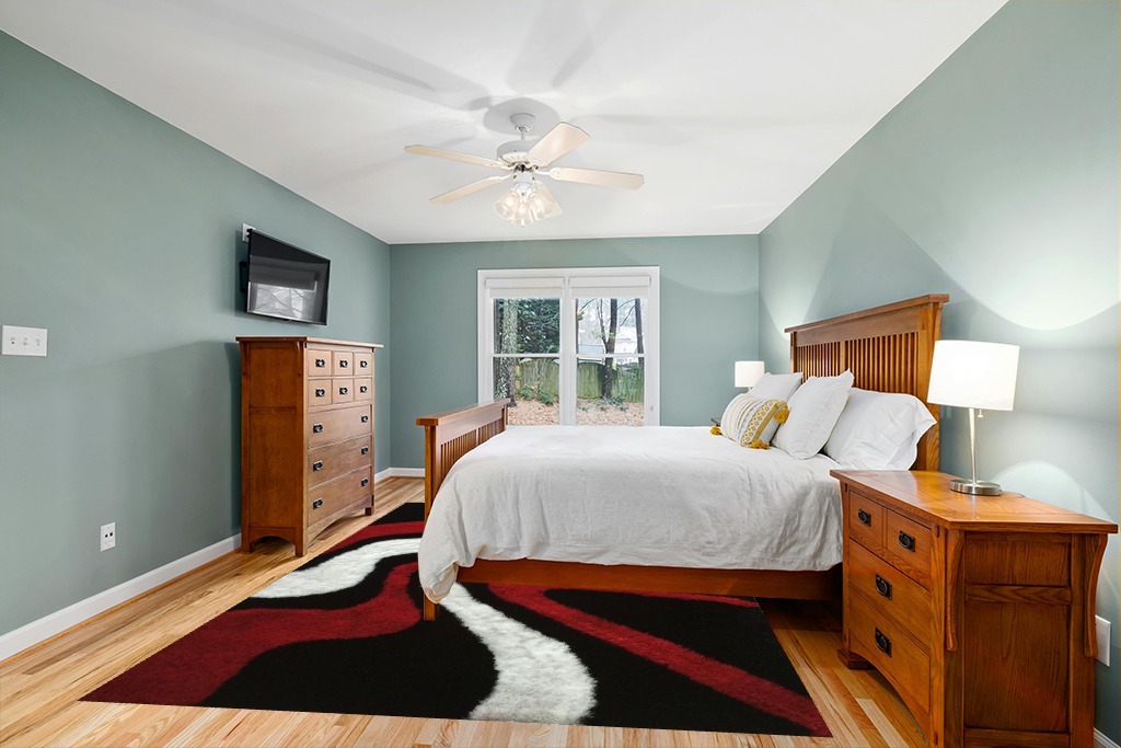 RINOLO "Aria Collection Soft Pile Hand Tufted Shag Area Rug (Black, Red, White, 8' x 11') in Teal and Orange Wood Bedroom