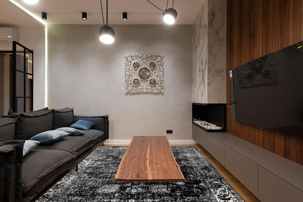 Unique Loom Sofia Collection Area Rug - Casino (7' 10" x 10' Rectangle, Black/ Ivory) in Dark Wood Living Room with Black Couch