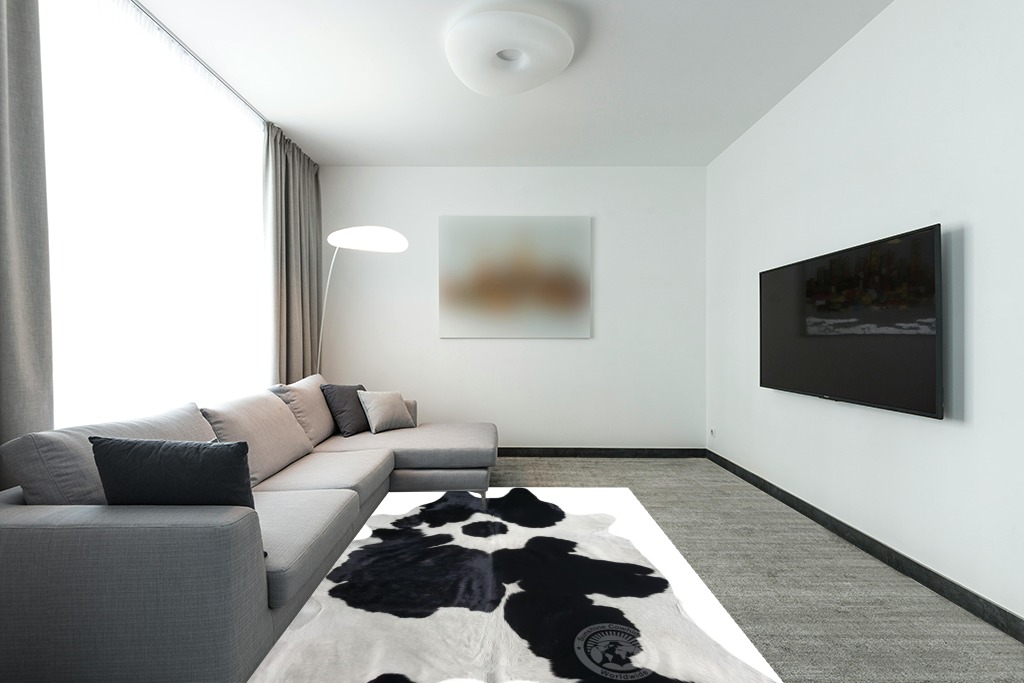 Genuine Black and White Cowhide Rug XL 6 x 7-8 ft. 180 x 240 cm in Modern Living Room with Grey Couch