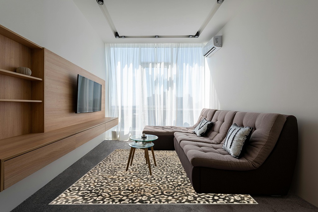 Liora Manne Soho Leopard Indoor Rug Black 7'10"X9'10" in Grey Living Room with Brown Couch
