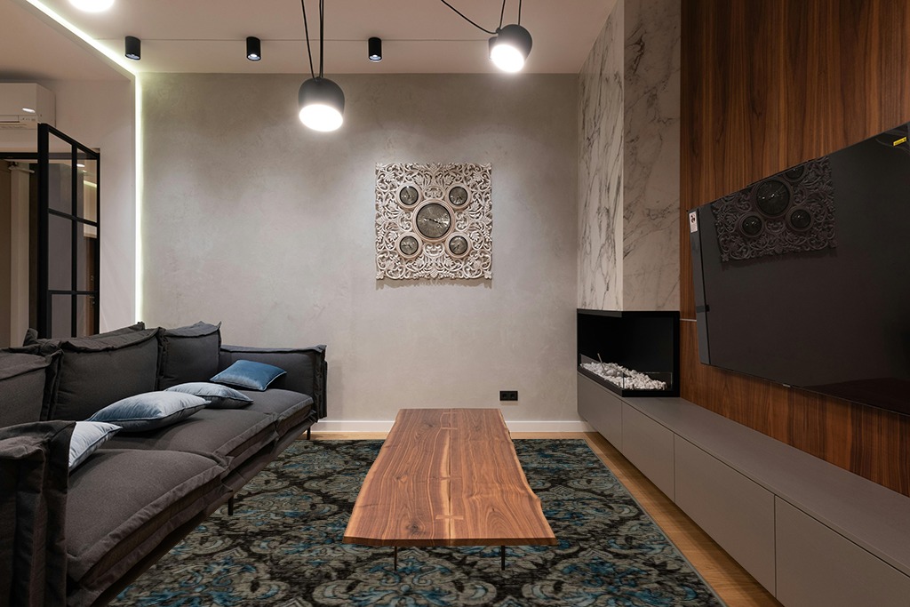 Linon Vintage Collection Grey Clara 9' x 12' Area Rug in Dark Wood Living Room with Black Couch
