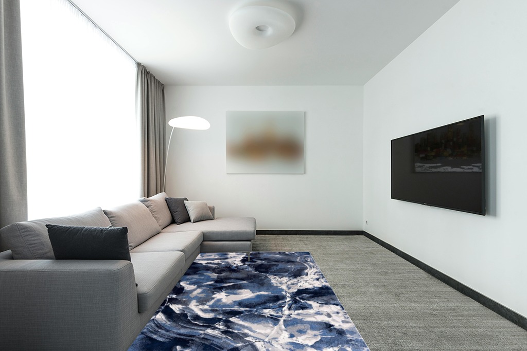 Abani Rugs Contemporary Blue & Grey Marble Ice Design 5’3” x 7’6” (5'x8') Area Rug - Modern Swirl Watercolor Non-Shedding Bedroom Rug in Modern Living Room with Grey Couch