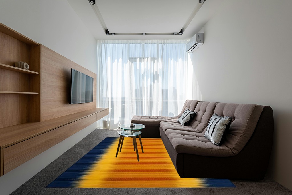 SAFAVIEH Kilim Collection Area Rug - 8' x 10', Dark Blue & Yellow, Handmade Flat Weave Wool, Ideal for High Traffic Areas in Living Room, Bedroom (KLM821B) in Grey Living Room with Brown Couch
