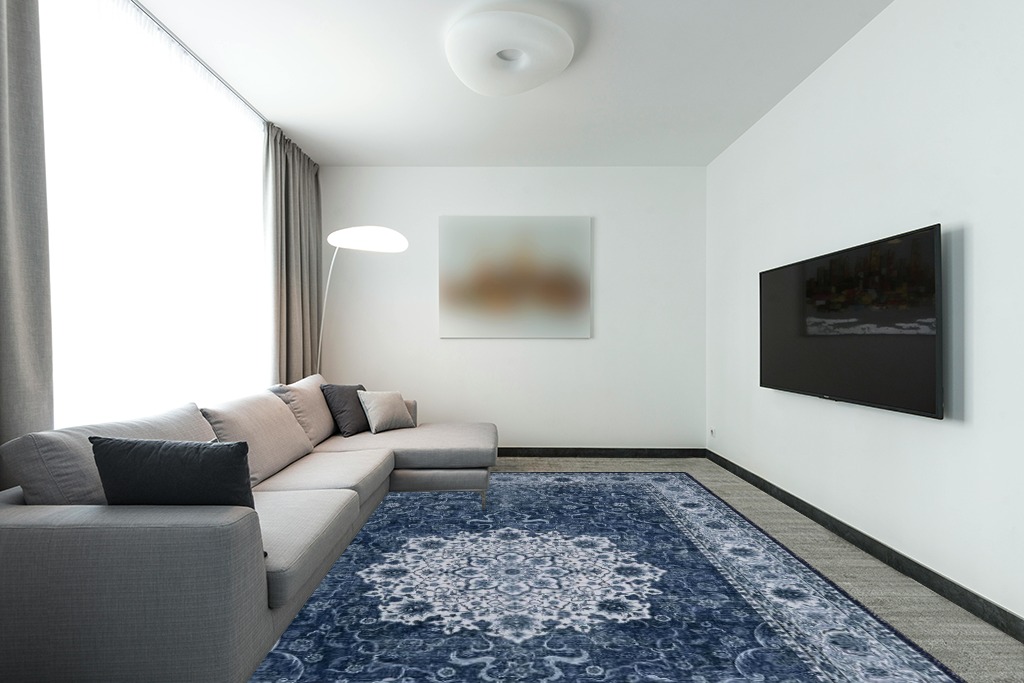 Zacoo Washable Rug 9x12 Area Rugs Boho Rug Vintage Area Rugs for Living Room Bedroom Dining Room Distressed Non Slip Rugs Carpet Non Shedding Oriental Rug, Navy Blue/White in Modern Living Room with Grey Couch