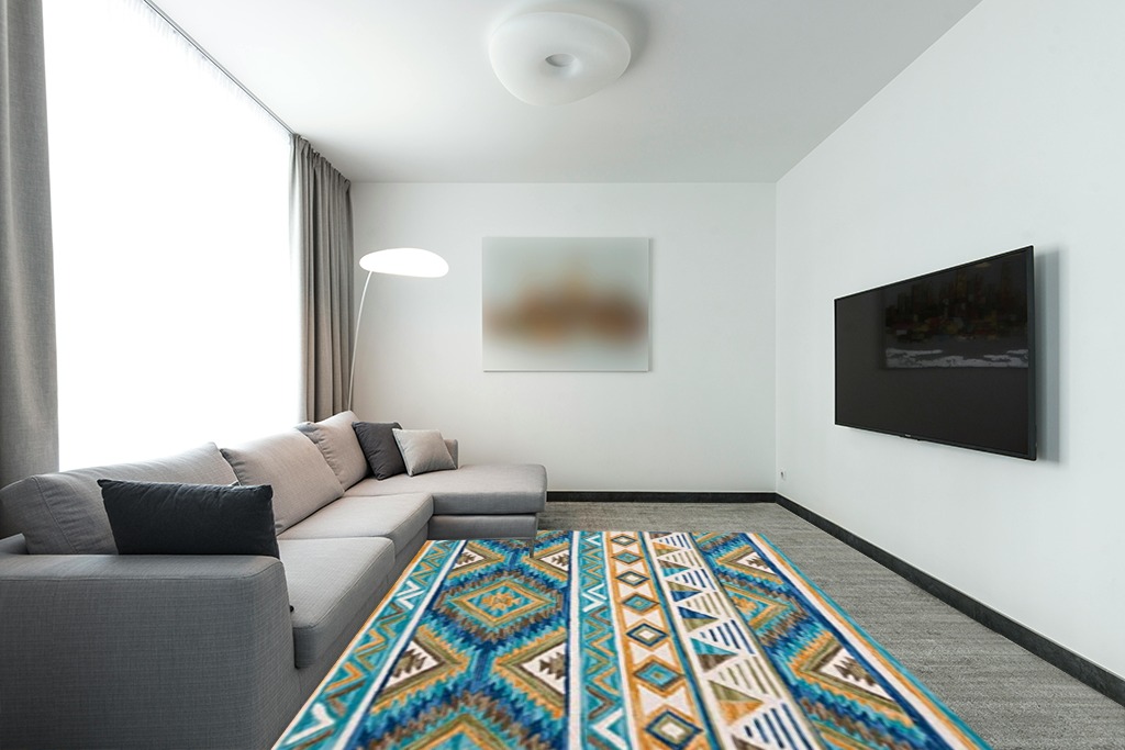 SAFAVIEH Aspen Collection Area Rug - 8' x 10', Blue & Yellow, Handmade Boho Wool, Ideal for High Traffic Areas in Living Room, Bedroom (APN352M) in Modern Living Room with Grey Couch