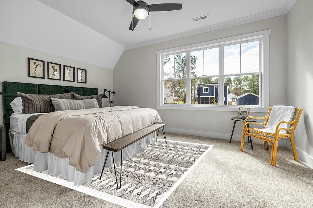 Black White Cotton Block Print Area Dhurrie Rug in Grey Traditional Bedroom with King Bed