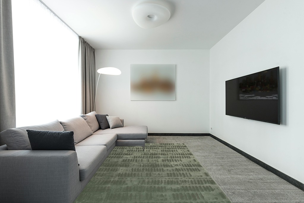 Revival Rugs Shell 6'7"x9' Machine Washable Area Rug for Living Room Bedroom - 100% Recycled Oeko-TEX Certified, Medium Pile, Green in Modern Living Room with Grey Couch