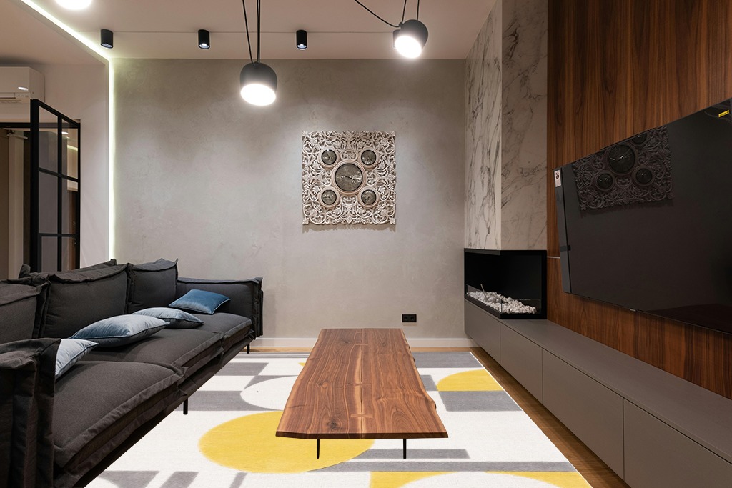 SAFAVIEH Rodeo Drive Collection Area Rug - 8' x 10', Grey & Gold, Handmade Mid-Century Modern Abstract Wool, Ideal for High Traffic Areas in Living Room, Bedroom (RD856D) in Dark Wood Living Room with Black Couch