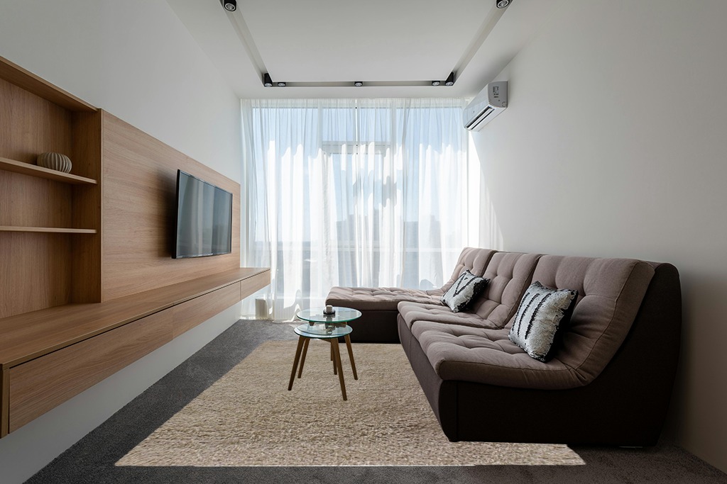 Superior Indoor Large Shag Area Rug, Modern Fuzzy Soft Cozy Shaggy Rug for Living/Dining Room, Bedroom, Office, Entryway, Kitchen, Dorm, Playroom, Kids, Nursery, Textured Rugs, 8' x 10', Beige in Grey Living Room with Brown Couch