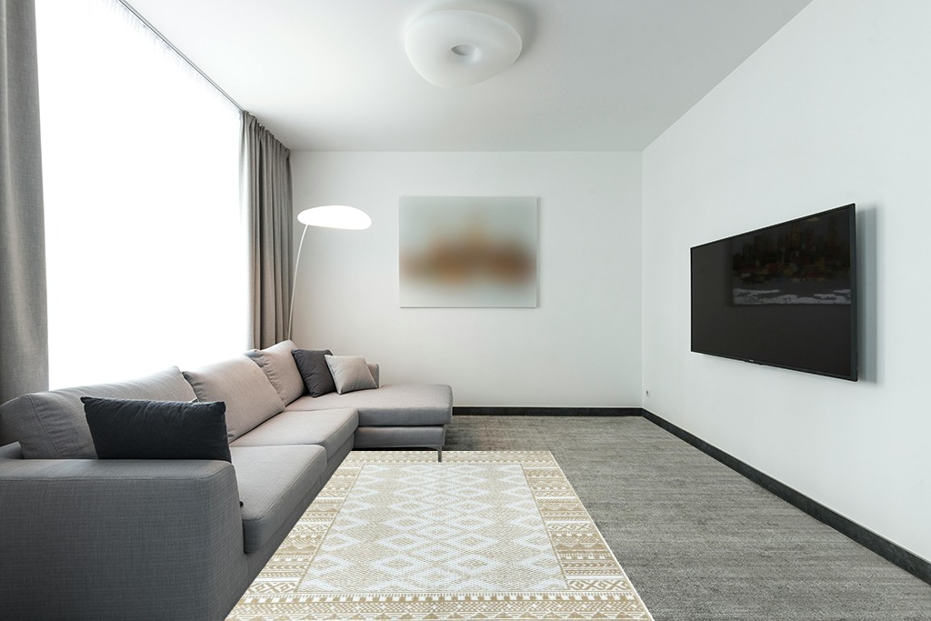 Seavish Washable Area Rugs 5x7 Khaki Contemporary Living Room Rugs Low-Pile Ultra-Thin Distressed Nursery Rug Stain Resistant Large Flodable Carpet for Dining Room Home Office Bedroom Kitchen in Modern Living Room with Grey Couch
