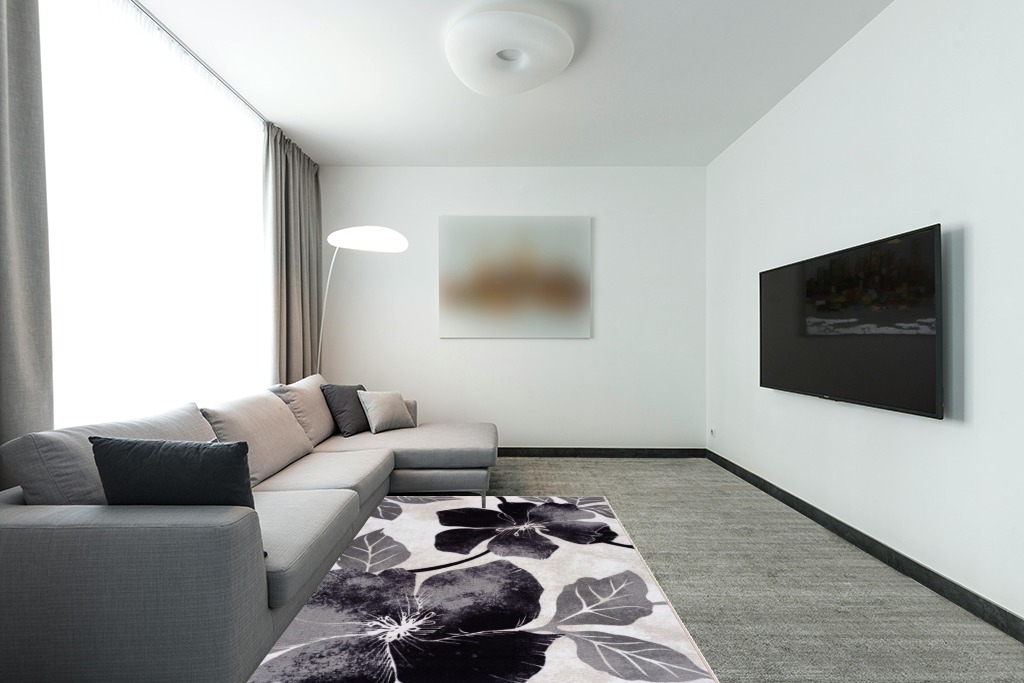CAMILSON Solana Modern Floral 5x7 Area Rugs Non-Skid (Non-Slip) Rubber Backing Black and White Flowers Indoor Rug (5x7, Black White) in Modern Living Room with Grey Couch