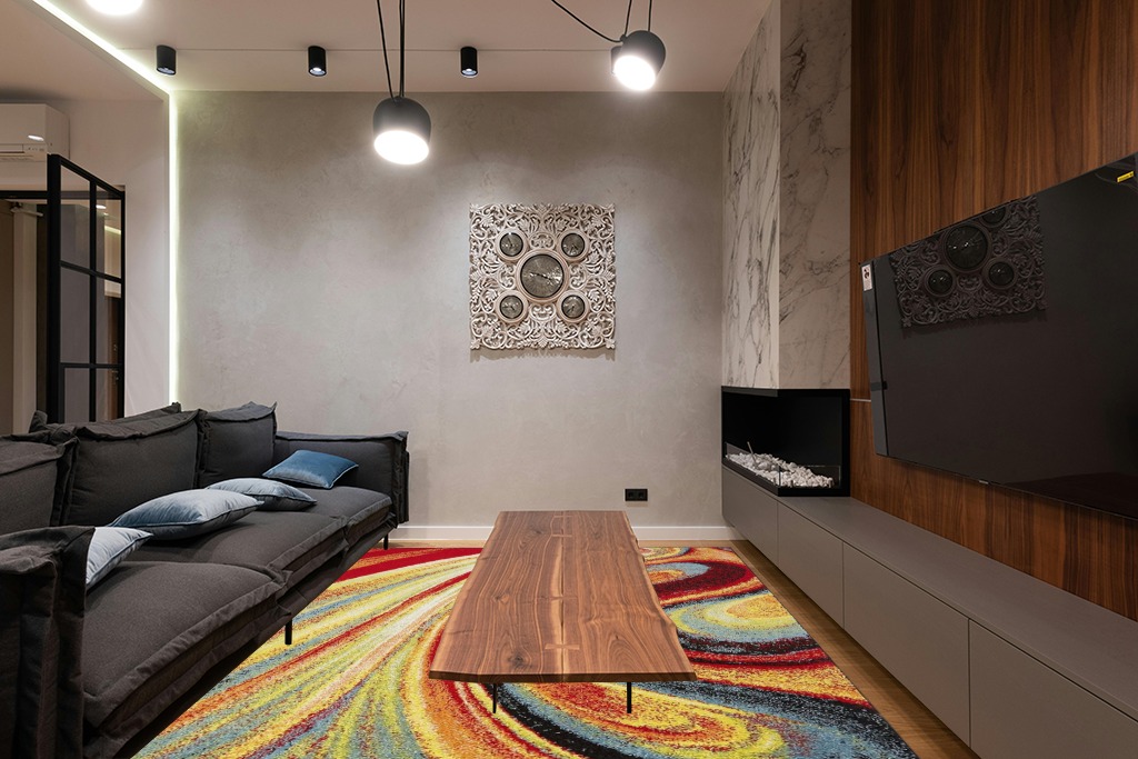 Home Dynamix Adja Modern Area Rug, Splash (7'10" x 10'2") in Dark Wood Living Room with Black Couch