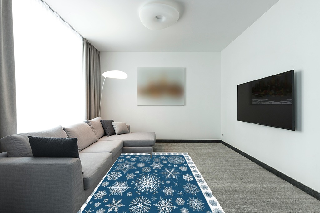 Christmas Area Rug 5 x 8, Washable Bedroom Rug Non-Slip Kitchen Rugs Non Shedding Floor Cover Mat Runner Rug for Living Room Dining Room Outdoor Carpet Seasonal Blue Snowflakes Winter Xmas in Modern Living Room with Grey Couch