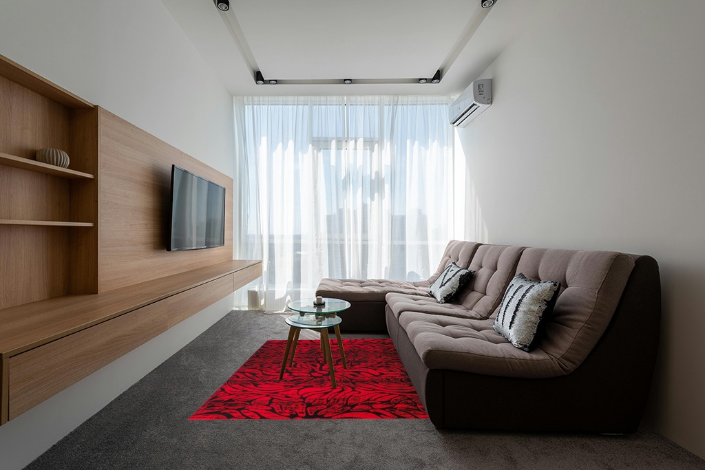Antep Rugs Floral 5x7 Abstract Indoor Area Rug Siesta (Red Black, 5'3" x 7') in Grey Living Room with Brown Couch