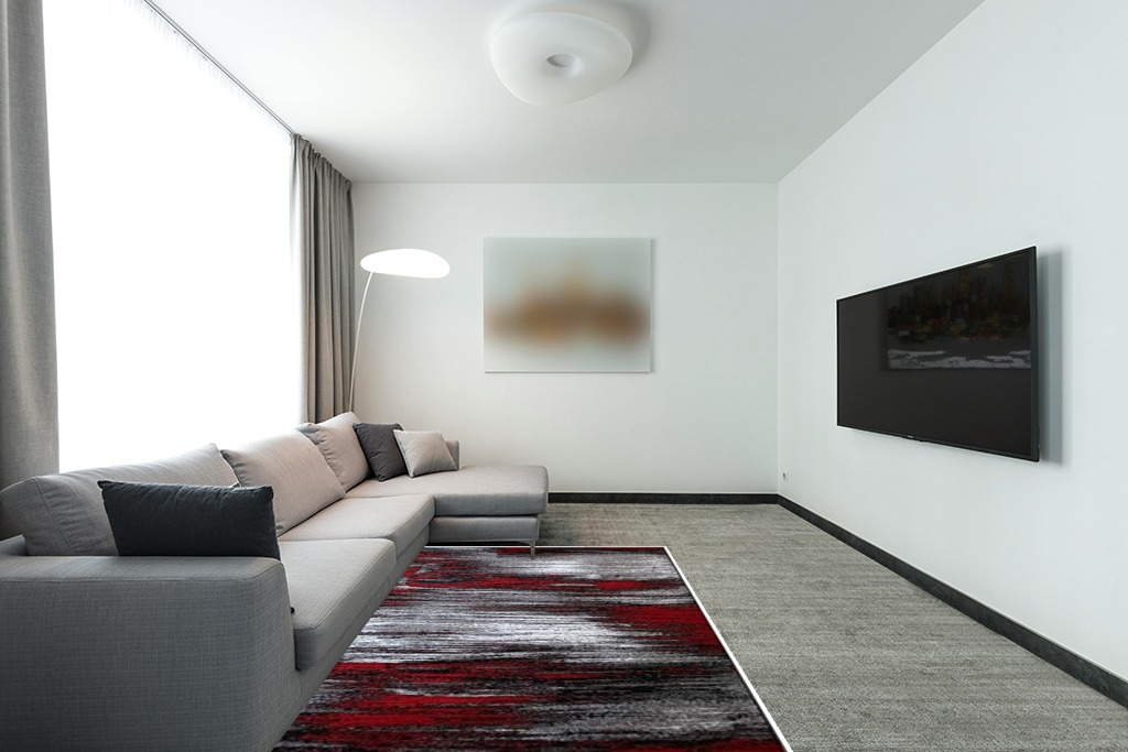 Modern Rugs for Living Room Abstract Soft Plush Red Grey Black Area Rug (5’ 3” X 7’ 5”) in Modern Living Room with Grey Couch