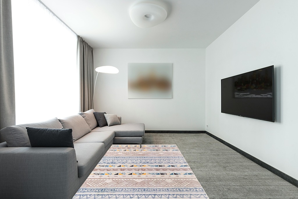 GMFINE Area Rug 5x7, Ultra-Thin Non Slip Washable Rugs, Geometric Boho Area Rugs Large Carpet for Living Room Bedroom Dinning Room (Blue/Brown, 5' x 7') in Modern Living Room with Grey Couch